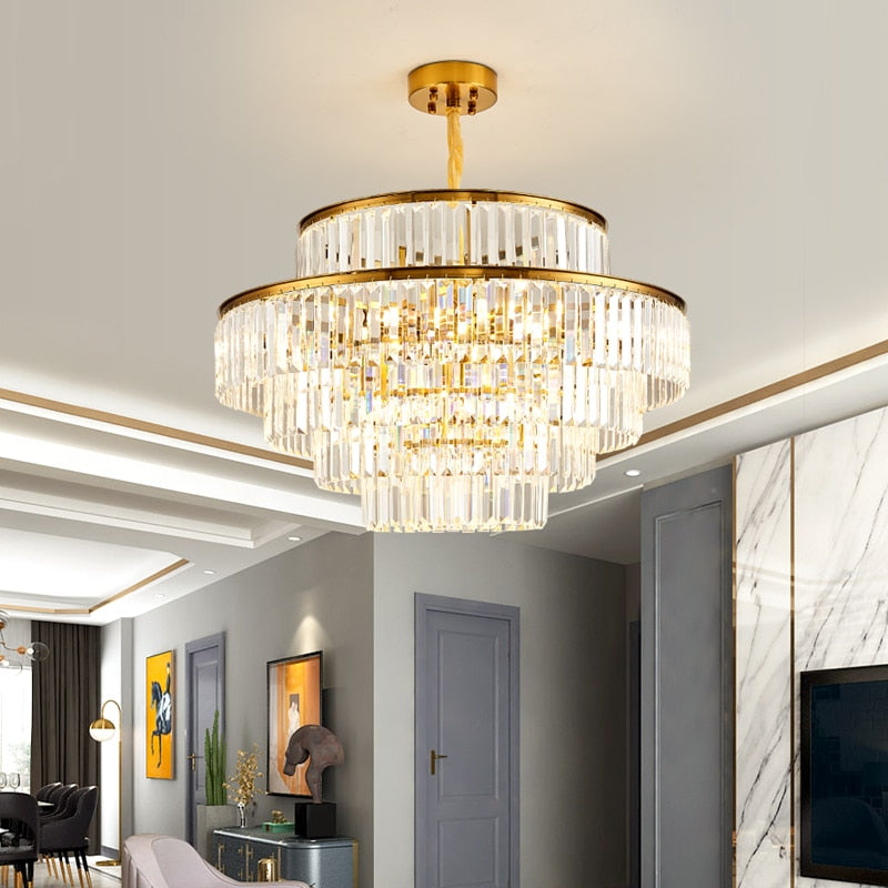 FSS Modern LED Luxury Round Golden Crystal Chandelier Lighting For Living Room Dining Room Lamp Bedroom Indoor Light Fixtures