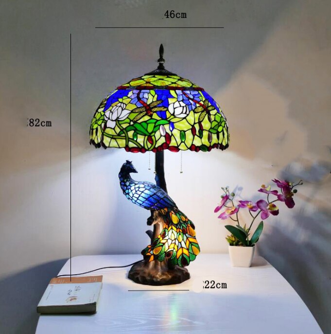 Luxurious Tiffany Peacock Table Lamp Foyer Bed Room Restaurant Large Art Glass Colorful Desk Decor Light 68cm 1261