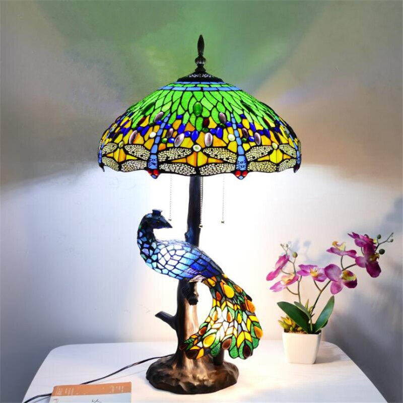 Luxurious Tiffany Peacock Table Lamp Foyer Bed Room Restaurant Large Art Glass Colorful Desk Decor Light 68cm 1261
