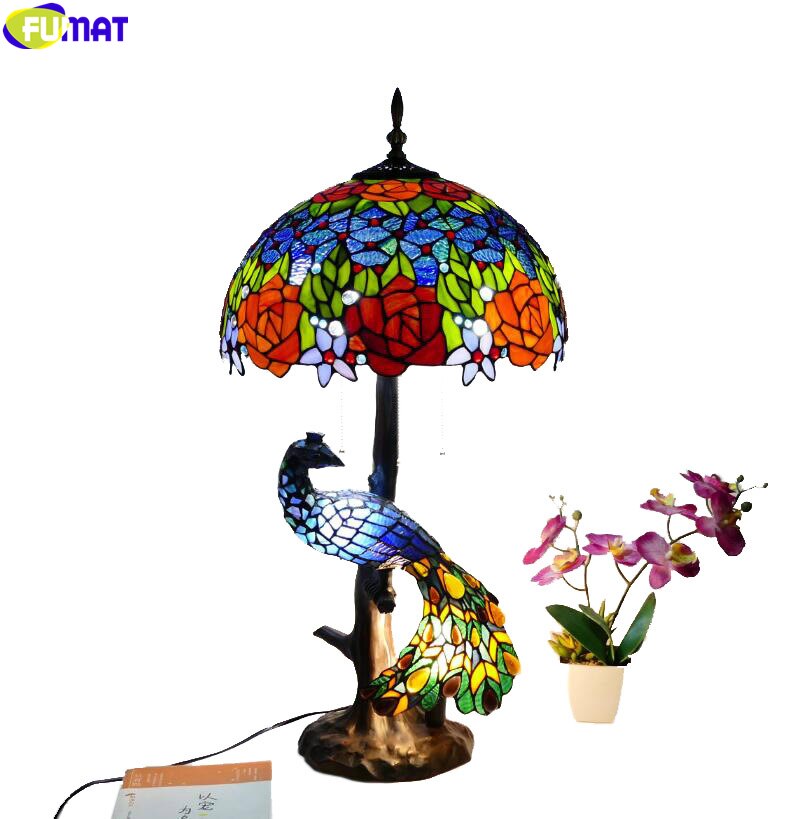 FUMAT Birds Tiffany Style Desk Lamp Peacock Art House Decor Table Light Stained Glass Luxury Eyeshield Collect Colorful Lighting