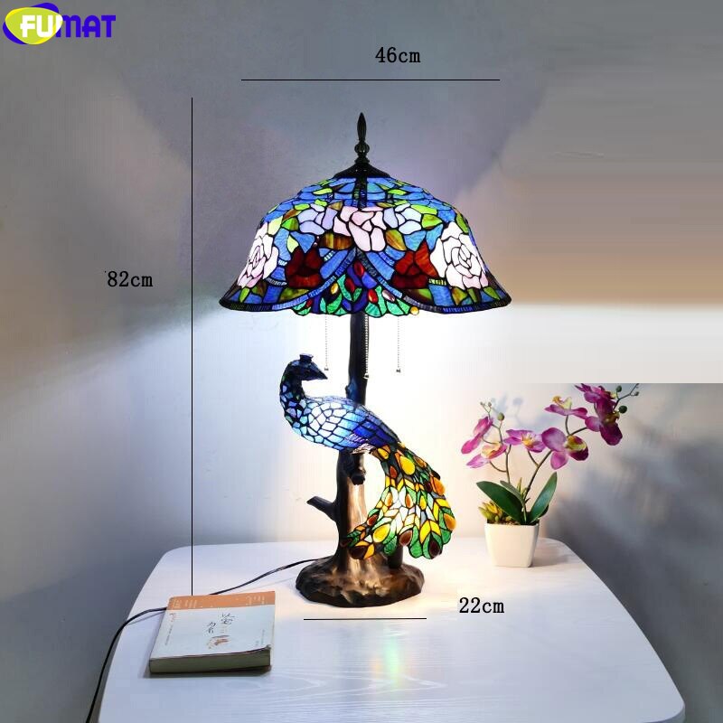 FUMAT Birds Tiffany Style Desk Lamp Peacock Art House Decor Table Light Stained Glass Luxury Eyeshield Collect Colorful Lighting