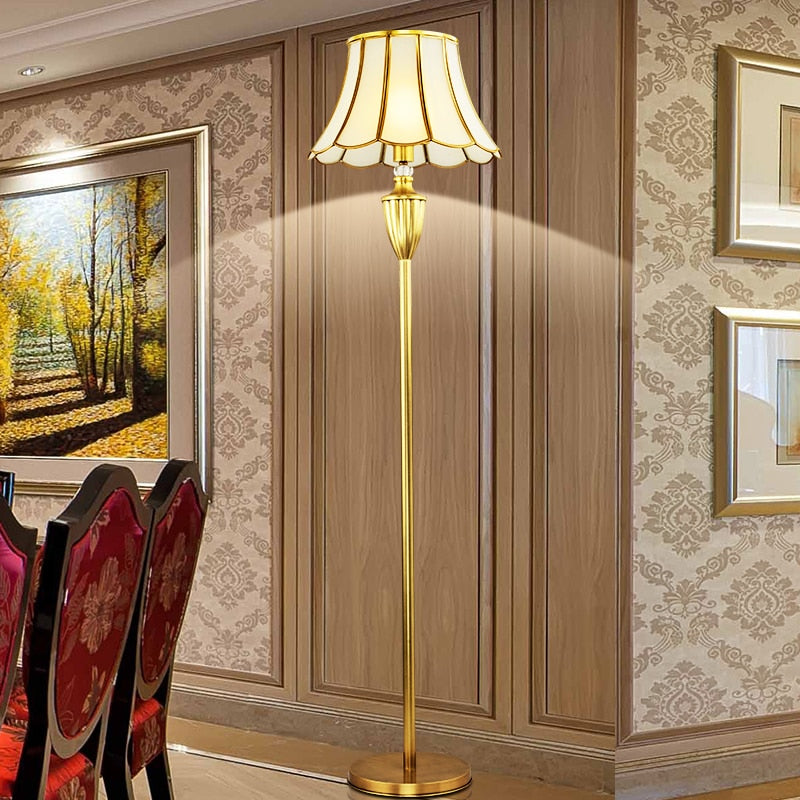 European Floor Lamp Living Room Sofa Bedroom Study Bedside Fixtures American Vertical Glass Table Lamp Full Copper Desk Light