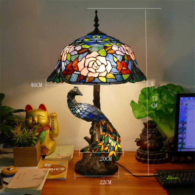 Luxurious Tiffany Peacock Table Lamp Foyer Bed Room Restaurant Large Art Glass Colorful Desk Decor Light 68cm 1261