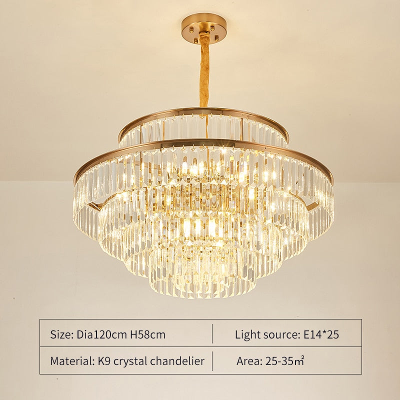 FSS Modern LED Luxury Round Golden Crystal Chandelier Lighting For Living Room Dining Room Lamp Bedroom Indoor Light Fixtures