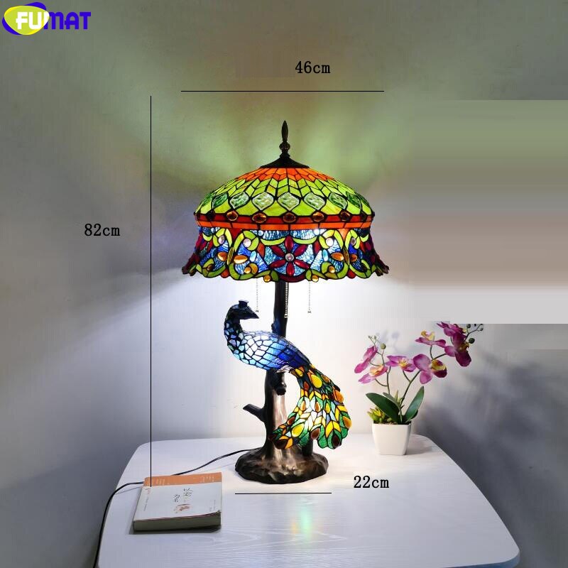 FUMAT Birds Tiffany Style Desk Lamp Peacock Art House Decor Table Light Stained Glass Luxury Eyeshield Collect Colorful Lighting
