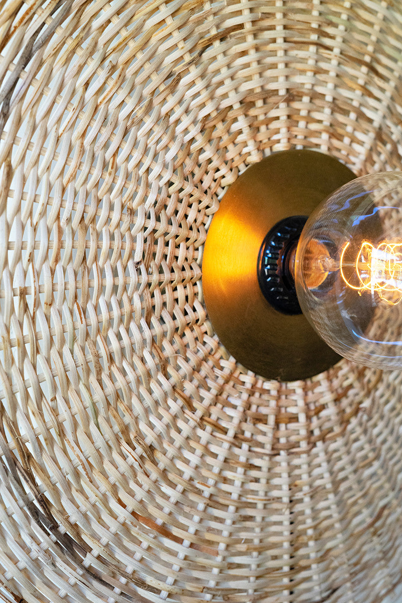 Rattan and Brass Fan Wall Sconce Lamp