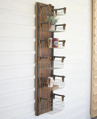 Recycled Wood & Metal Wall Rack With Six Wire Storage Baskets - KALALOU