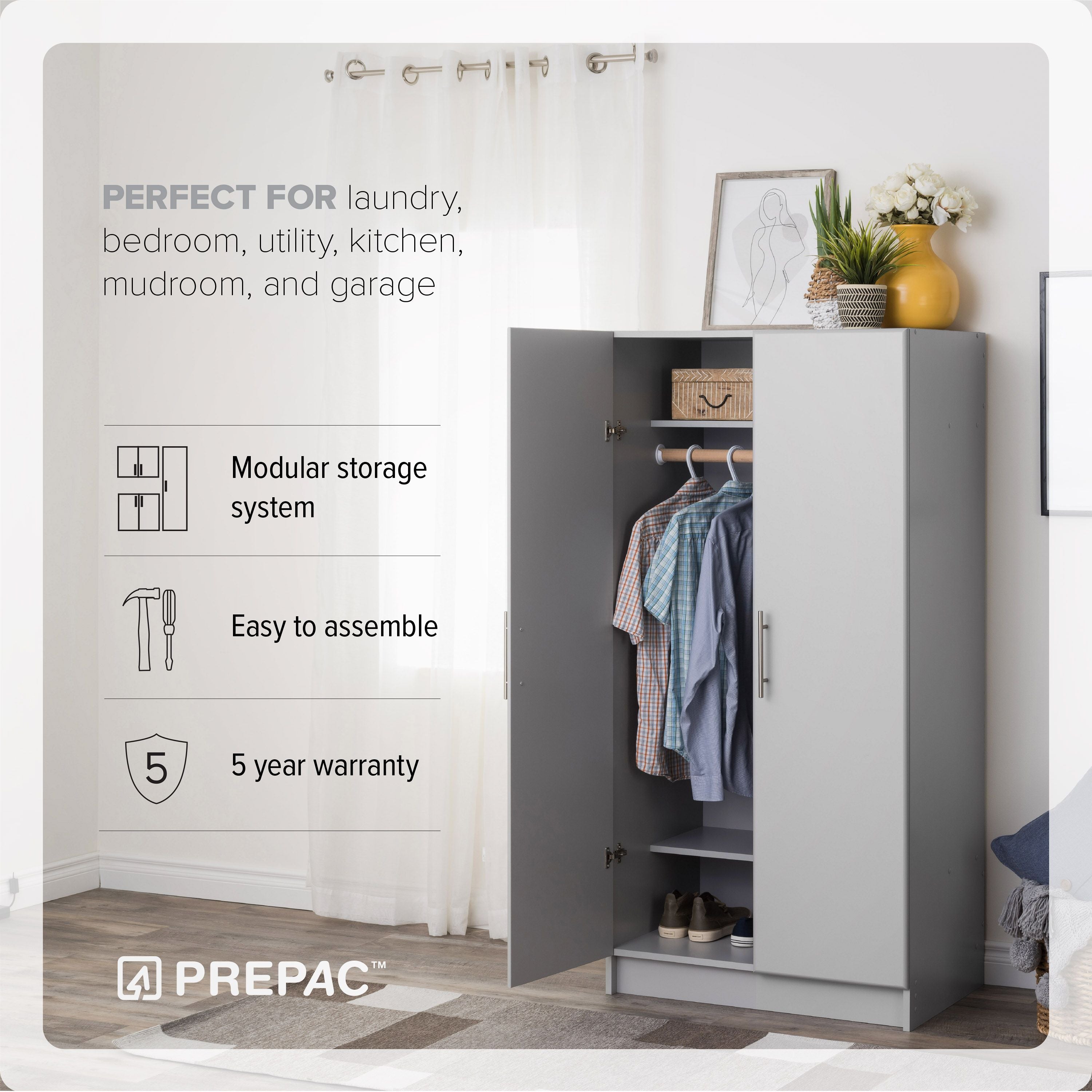 Elite 32 inch Wardrobe Cabinet, Gray (GEW-3264)