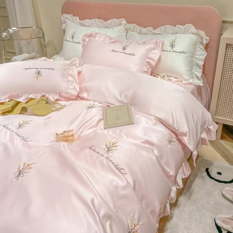 JUSTCHIC 4PCS Spring Summer Luxury Duvet Cover Bedding Set Queen Size Bedsheet Pillowcase White Pink Quilt Cover Fitted Sheet