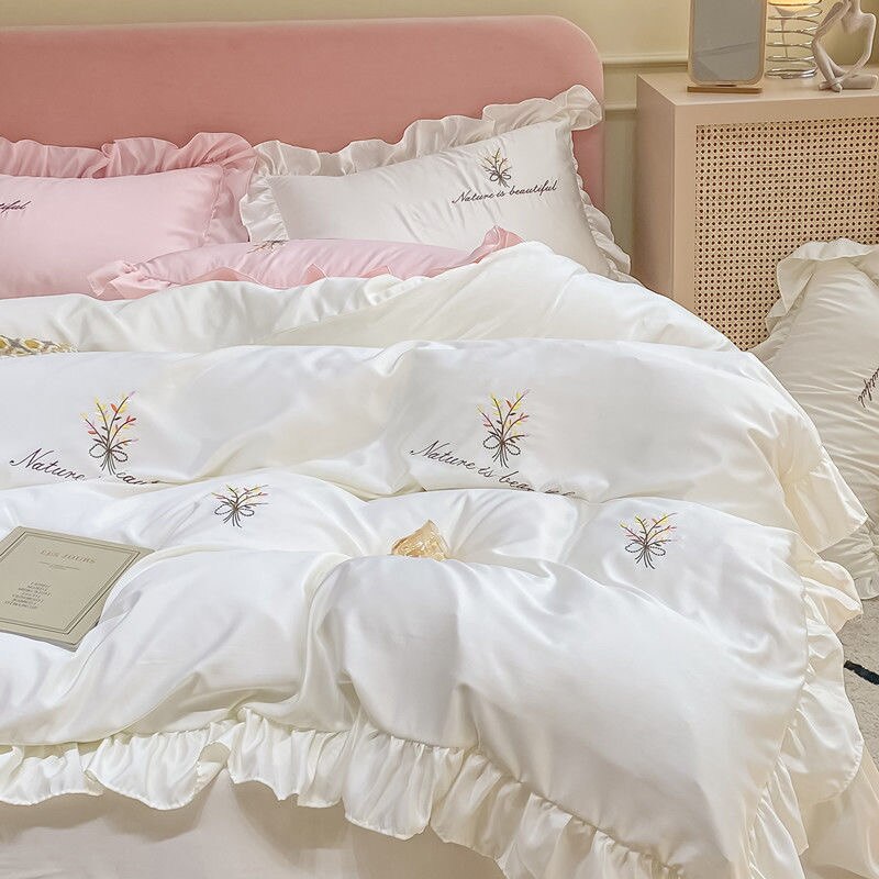 JUSTCHIC 4PCS Spring Summer Luxury Duvet Cover Bedding Set Queen Size Bedsheet Pillowcase White Pink Quilt Cover Fitted Sheet