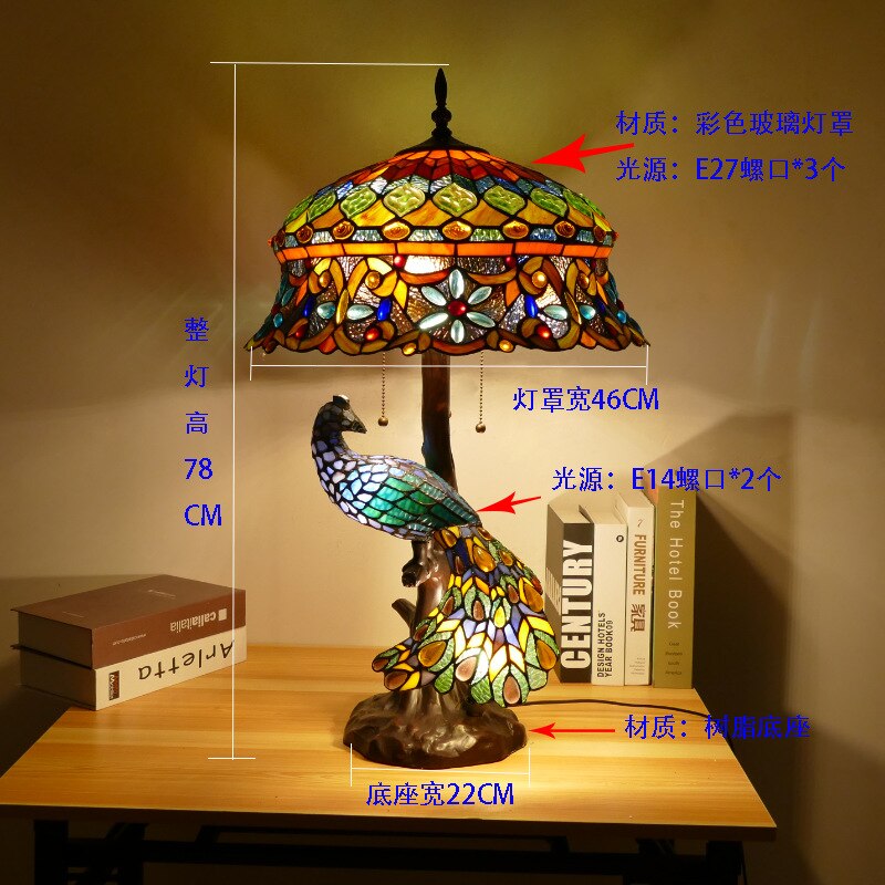 Luxurious Tiffany Peacock Table Lamp Foyer Bed Room Restaurant Large Art Glass Colorful Desk Decor Light 68cm 1261