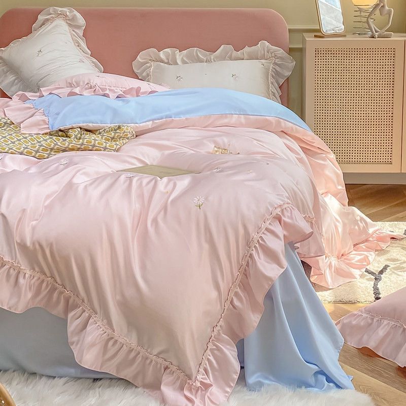 JUSTCHIC 4PCS Spring Summer Luxury Duvet Cover Bedding Set Queen Size Bedsheet Pillowcase White Pink Quilt Cover Fitted Sheet