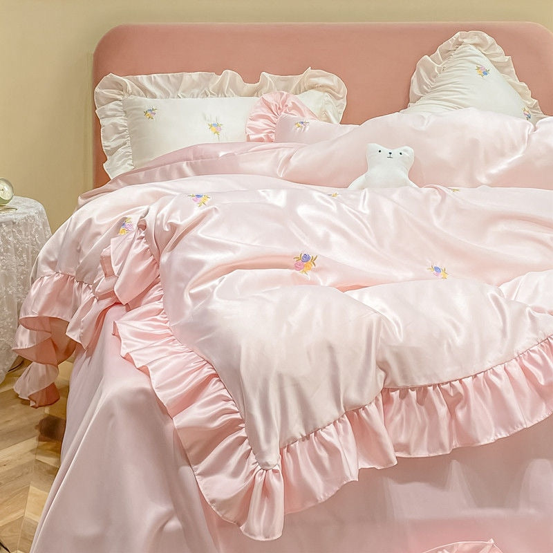 JUSTCHIC 4PCS Spring Summer Luxury Duvet Cover Bedding Set Queen Size Bedsheet Pillowcase White Pink Quilt Cover Fitted Sheet