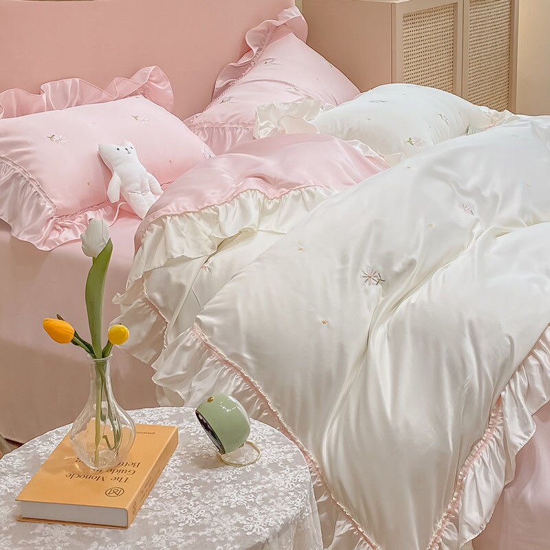 JUSTCHIC 4PCS Spring Summer Luxury Duvet Cover Bedding Set Queen Size Bedsheet Pillowcase White Pink Quilt Cover Fitted Sheet