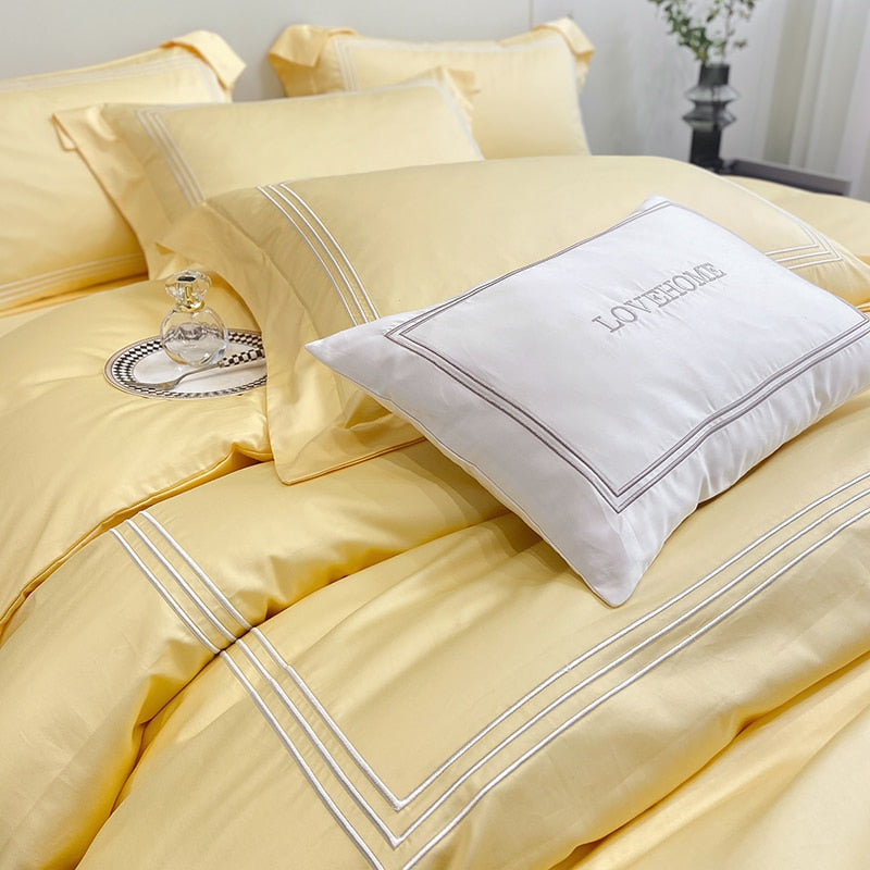 100%Cotton Bedding Set Home Textile Three Lines Embroidery Luxurious Pillowcase Sheet Quilt Cover Twin/Queen/Single Bed