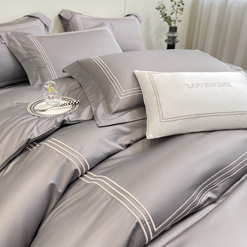 100%Cotton Bedding Set Home Textile Three Lines Embroidery Luxurious Pillowcase Sheet Quilt Cover Twin/Queen/Single Bed