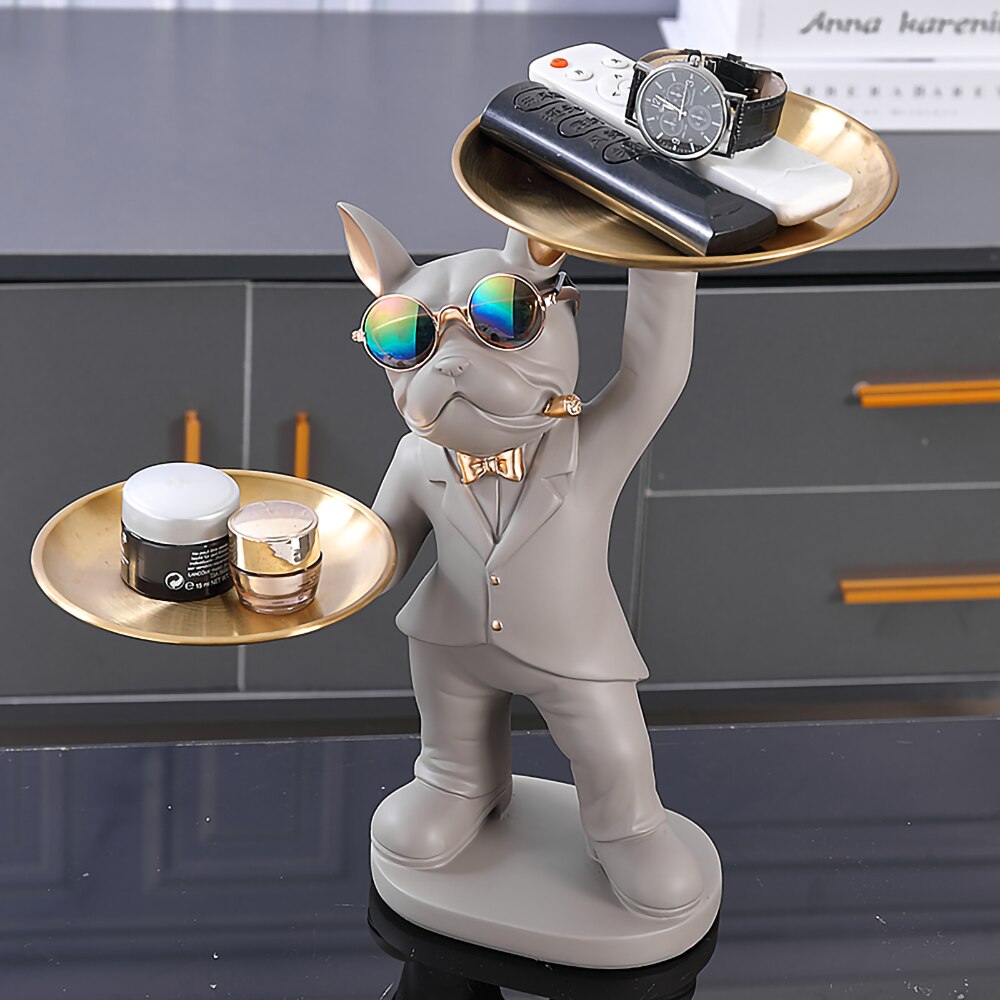 Wood Shelf Dog Statue Room Interior Decoration,Animal Sculpture Home Decor,With 2 Metal Tray,Bulldog Figurines Table Ornaments