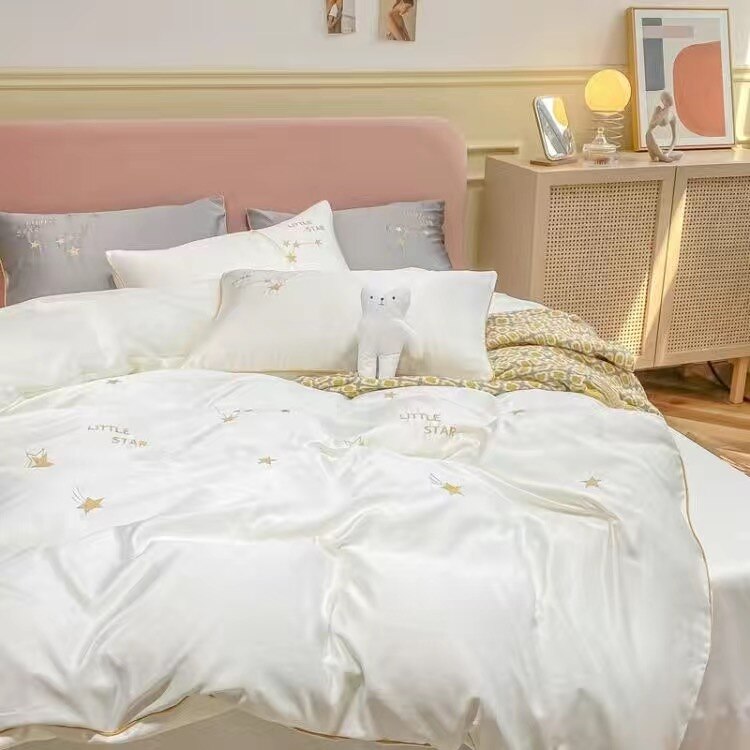 JUSTCHIC 4PCS Spring Summer Luxury Duvet Cover Bedding Set Queen Size Bedsheet Pillowcase White Pink Quilt Cover Fitted Sheet