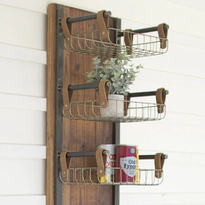 Recycled Wood & Metal Wall Rack With Six Wire Storage Baskets