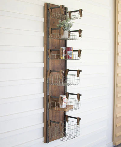Recycled Wood & Metal Wall Rack With Six Wire Storage Baskets