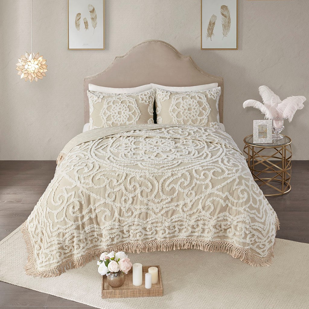 Laetitia Tufted Cotton Chenille Medallion Fringe Coverlet Mini Set - Taupe