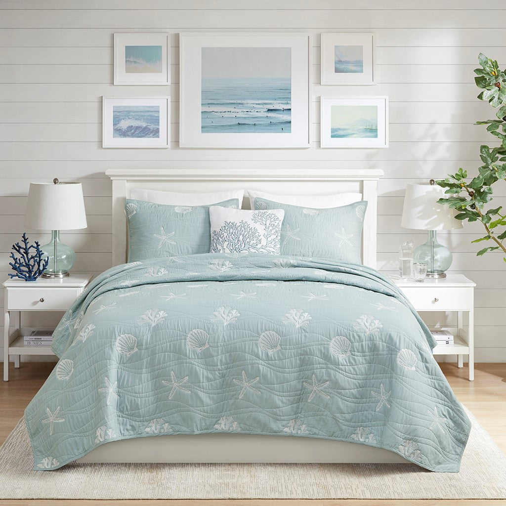 Seaside 4 Piece Cotton Coverlet Set - Aqua