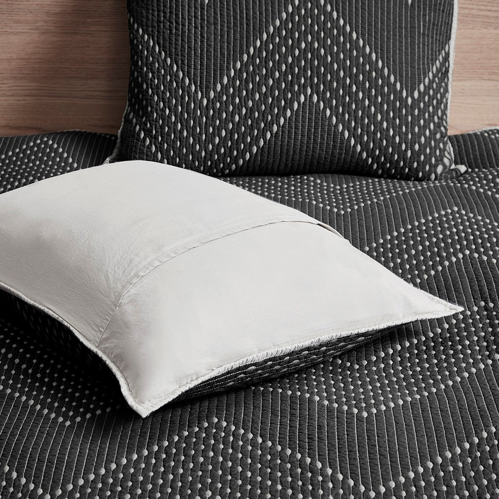 Pomona Cotton Embroidered 3 Piece Coverlet Set - Black