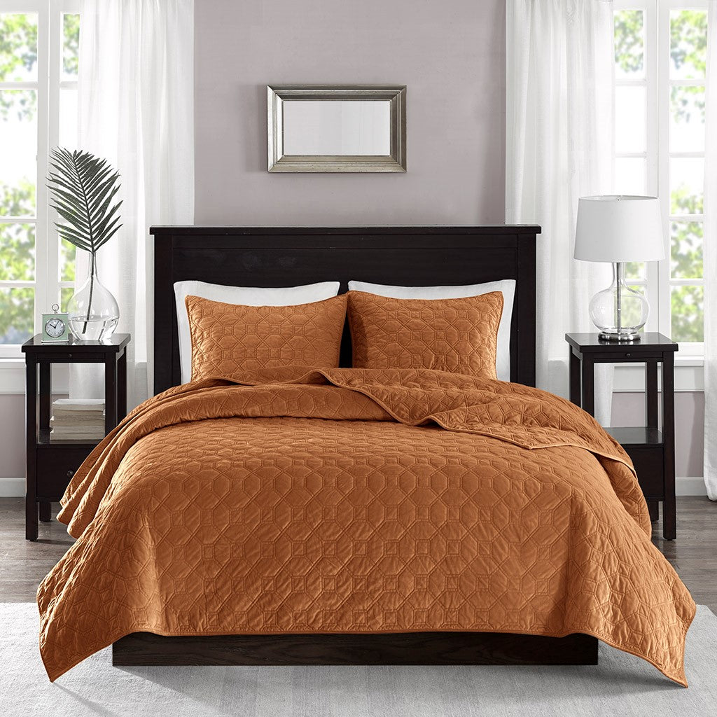 Harper Velvet 3 Piece Coverlet Set - Rust