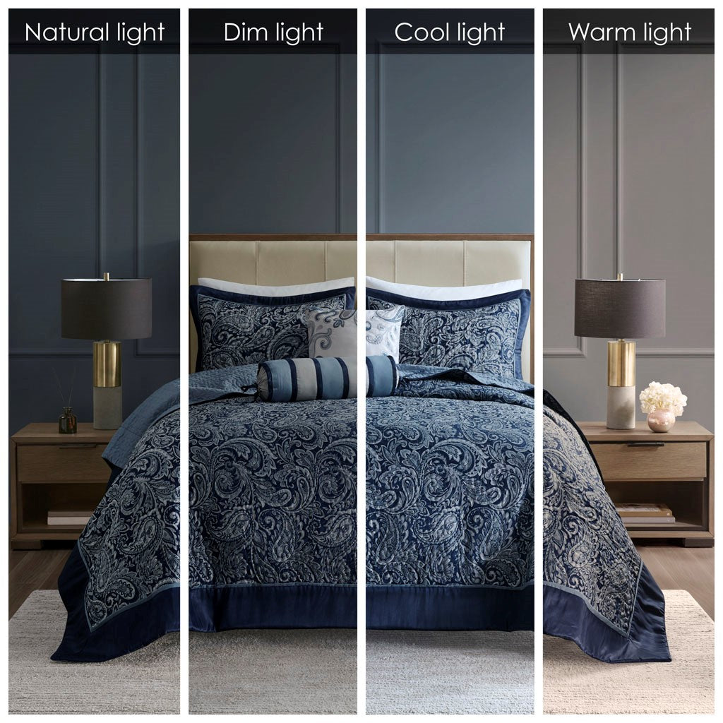 Aubrey 5 Piece Reversible Jacquard Bedspread Set in Navy