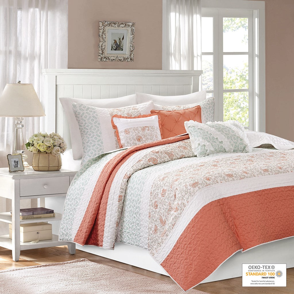 Dawn 6 Piece Cotton Percale Reversible Coverlet Set - Coral