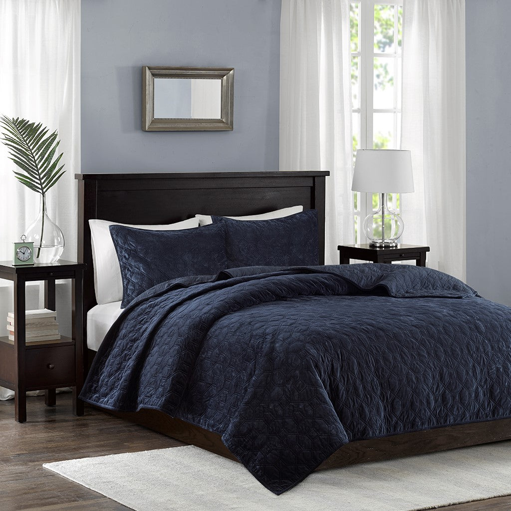Harper Velvet 3 Piece Coverlet Set - Navy