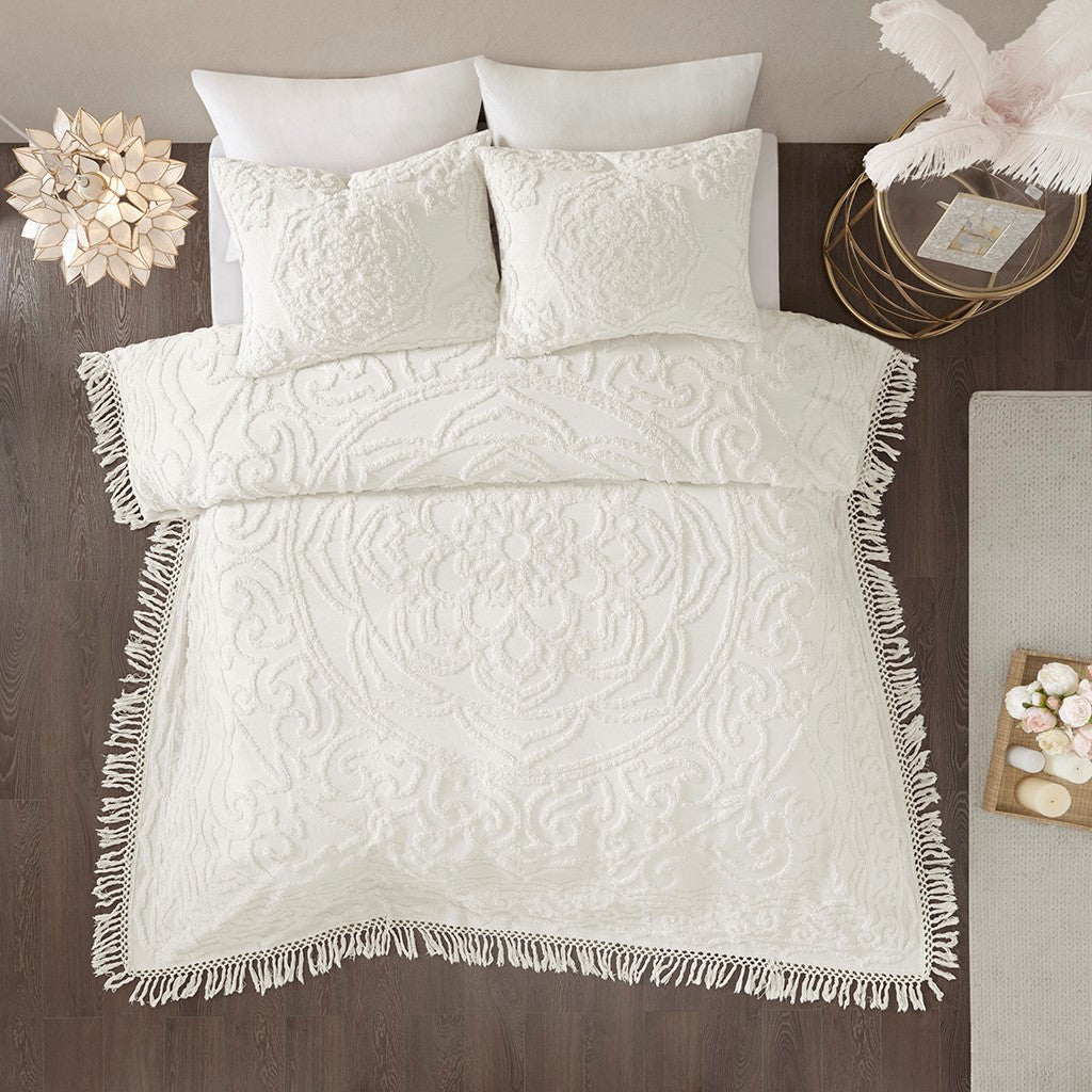 Laetitia Tufted Cotton Chenille Medallion Fringe Coverlet Mini Set - Off White