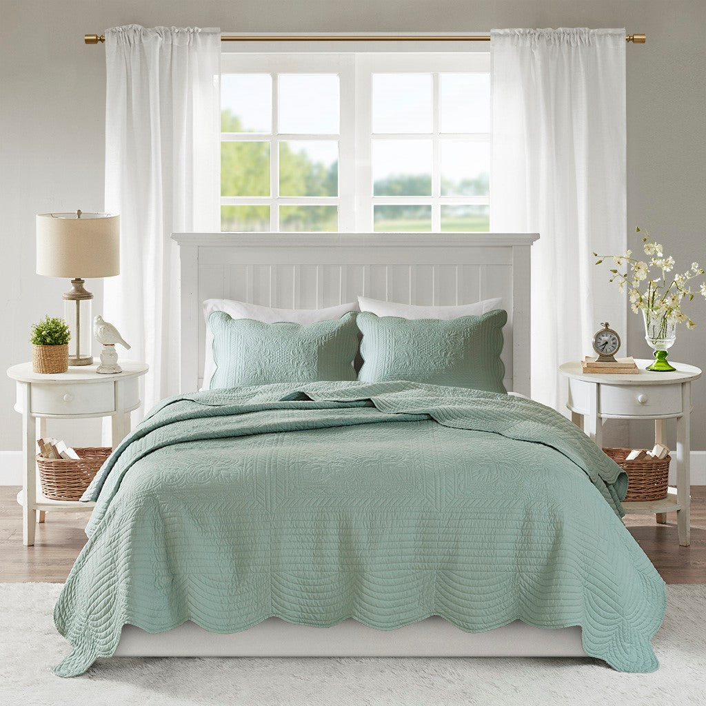 Tuscany 3 Piece Reversible Scalloped Edge Coverlet Set - Seafoam