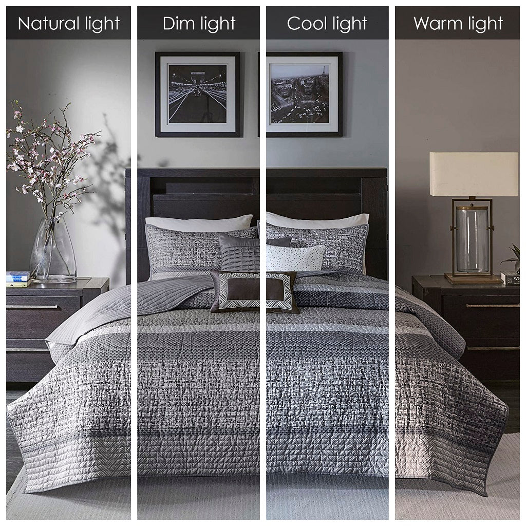 Rhapsody 6 Piece Reversible Jacquard Quilt Set with Throw Pillows in Grey/Taupe