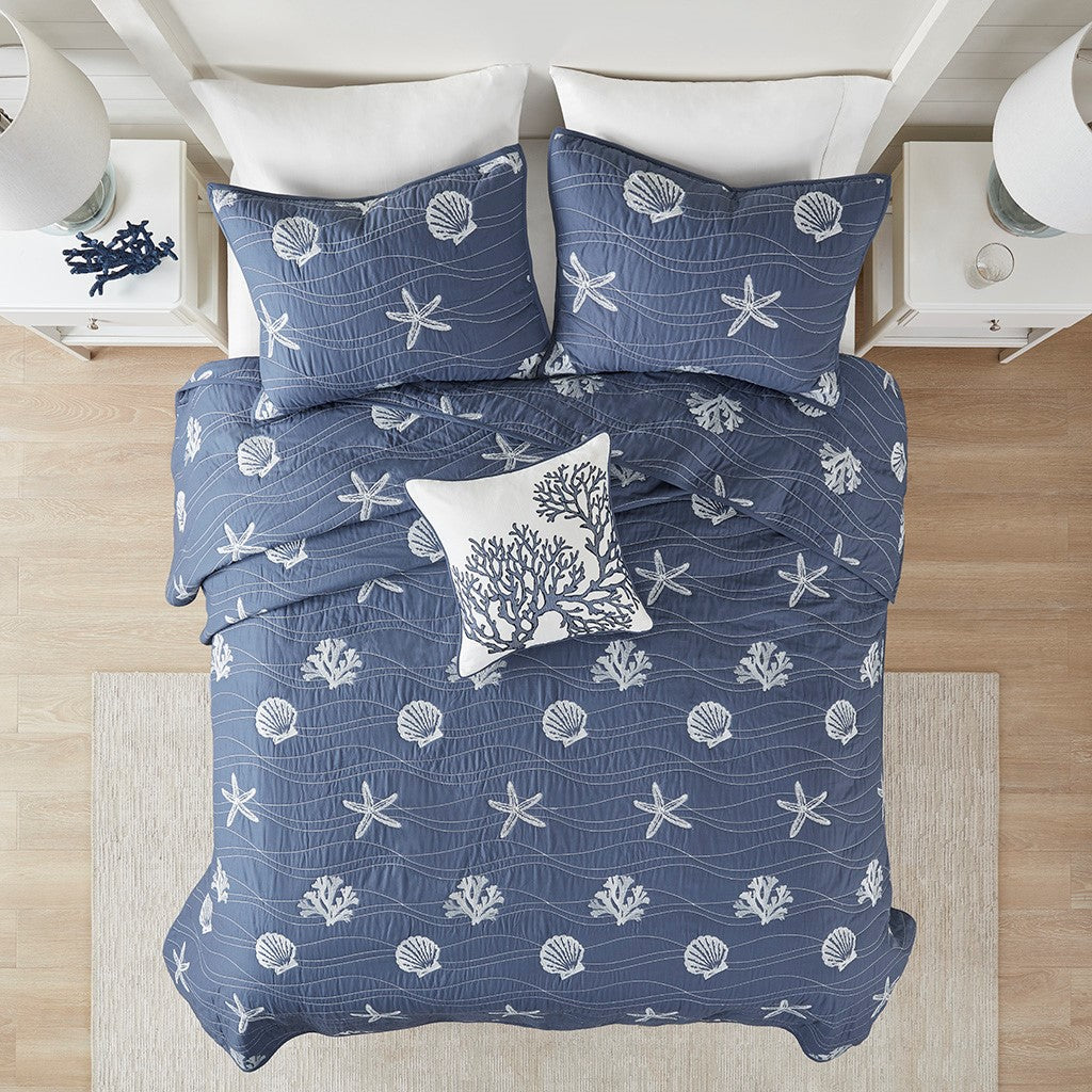 Seaside 4 Piece Cotton Coverlet Set - Navy