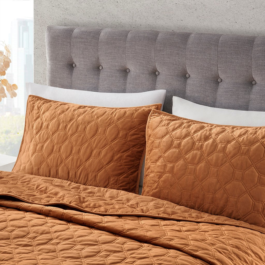 Harper Velvet 3 Piece Coverlet Set - Rust