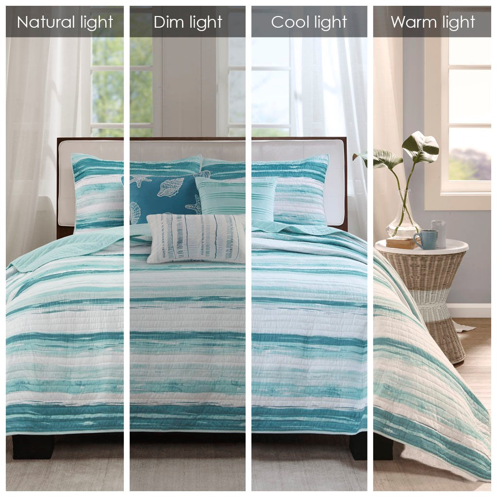 Marina 6 Piece Quilted Microfiber Coverlet Set with Throw Pillows - Aqua