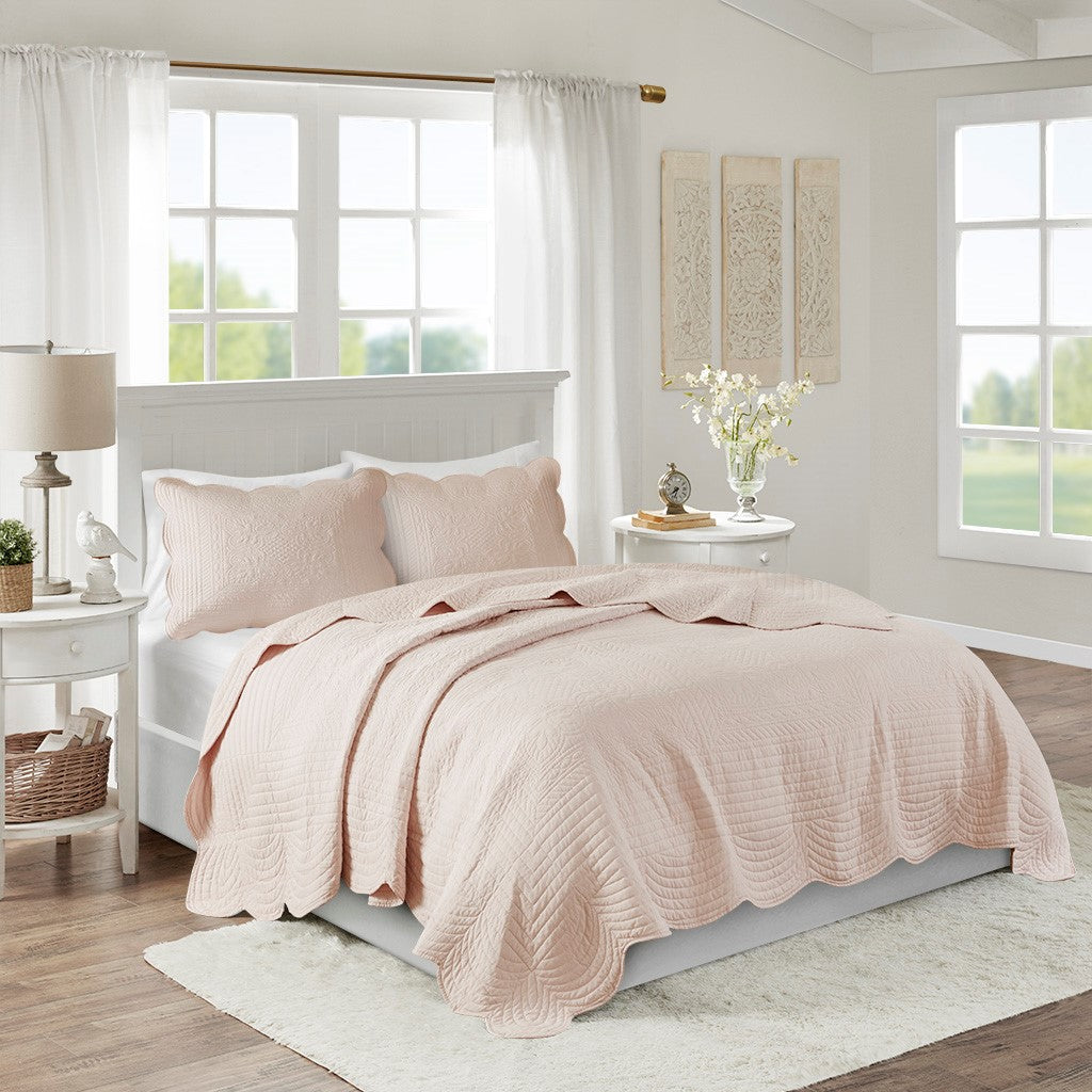 Tuscany 3 Piece Reversible Scalloped Edge Coverlet Set - Blush