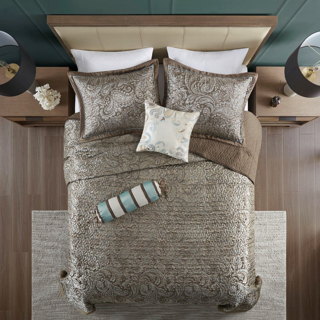 Aubrey 5 Piece Reversible Jacquard Bedspread Set in Blue/Brown