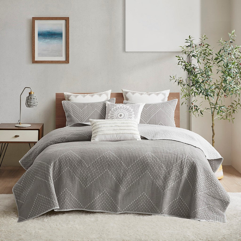 Pomona Cotton Embroidered 3 Piece Coverlet Set - Gray