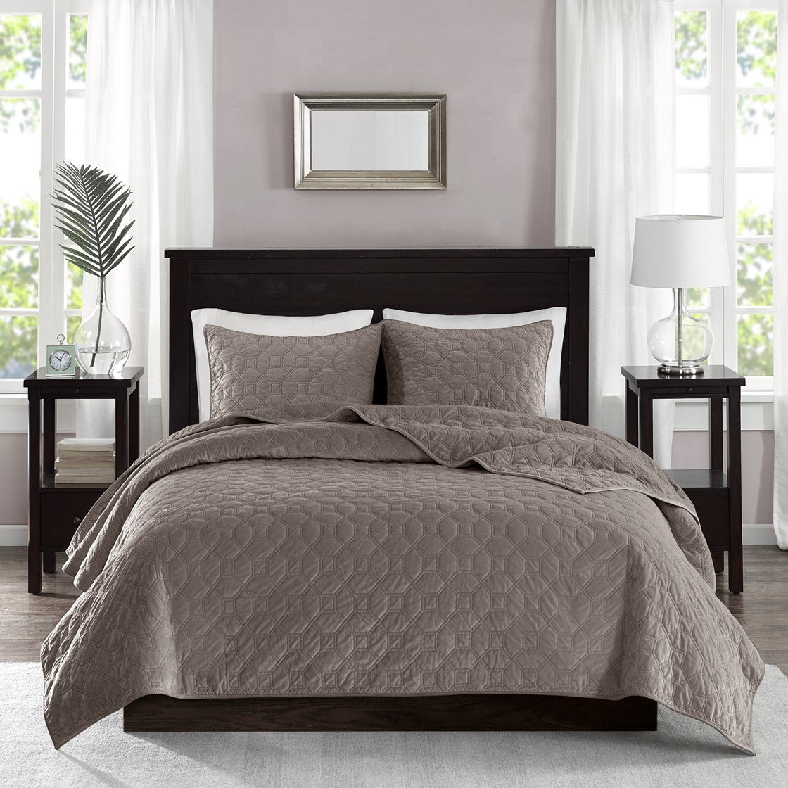 Harper Velvet 3 Piece Coverlet Set - Taupe