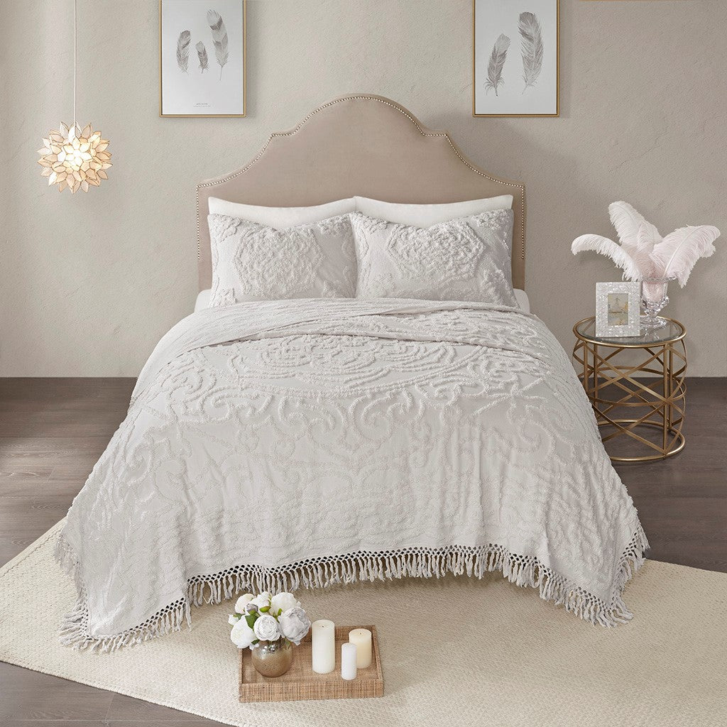 Laetitia Tufted Cotton Chenille Medallion Fringe Coverlet Mini Set - Grey