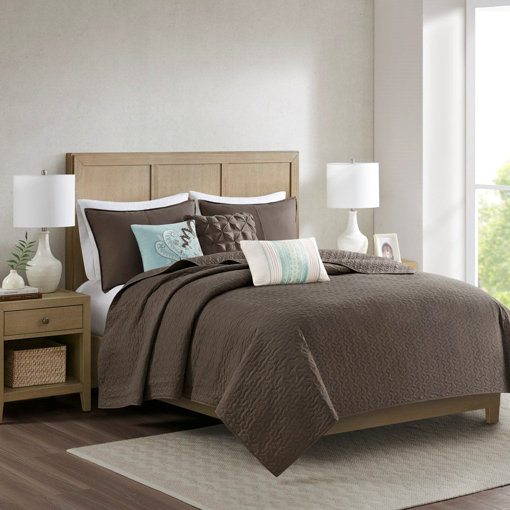 Geneva 6 Piece Reversible Coverlet Set - Brown