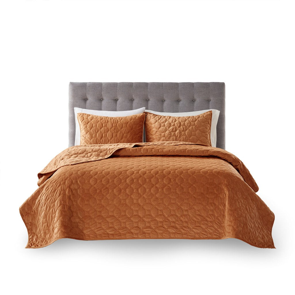 Harper Velvet 3 Piece Coverlet Set - Rust