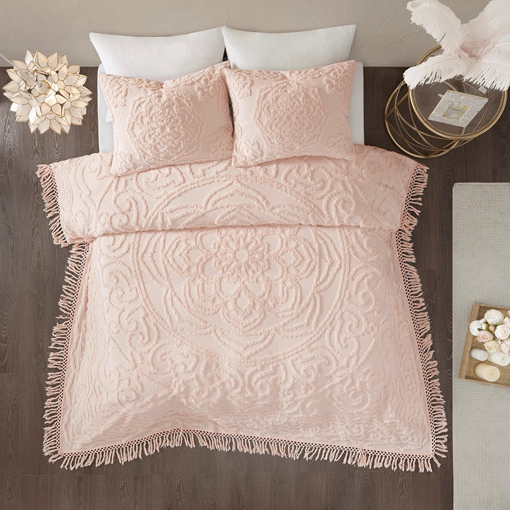 Laetitia Tufted Cotton Chenille Medallion Fringe Coverlet Mini Set - Blush