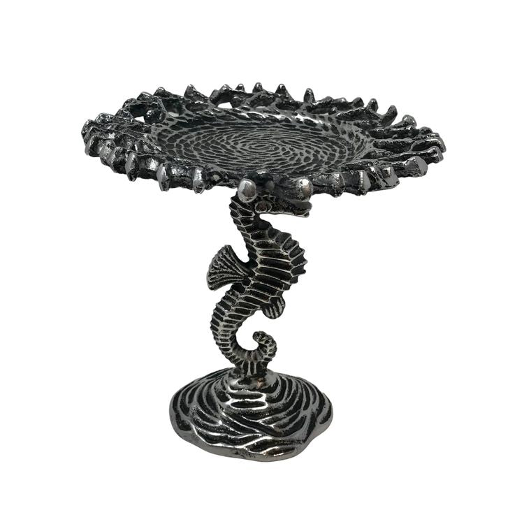 Antique Nickel Cast Aluminum Seahorse Pedestal Candle Tray