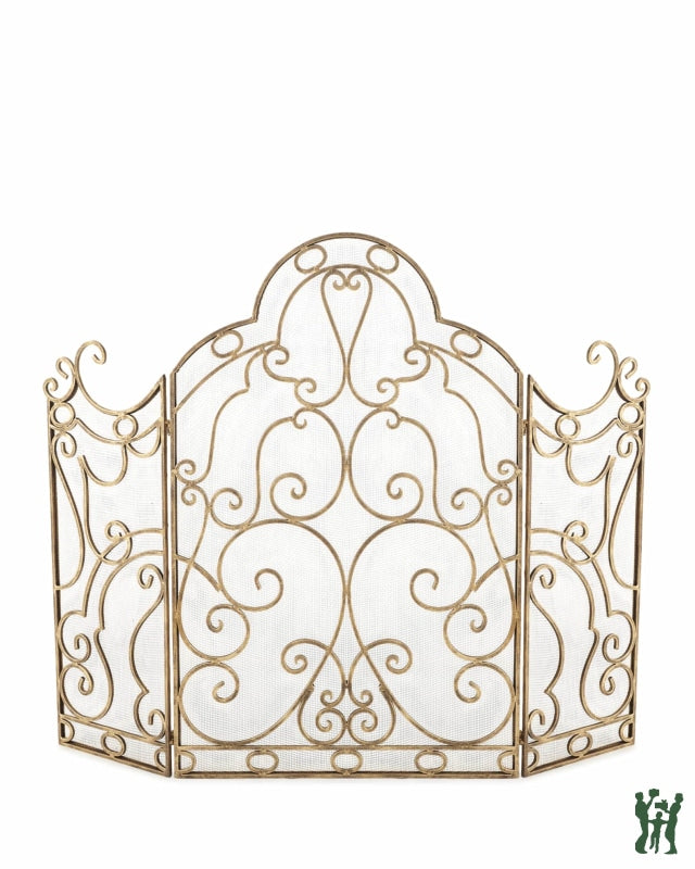 Iron Scroll Design Fire Screen - Hearth Three Panel With Mesh Fireplace