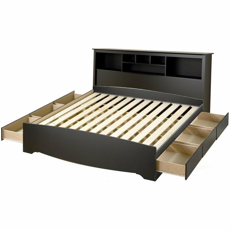 Prepac Manhattan Wooden King Bookcase Platform Storage Bed in Black