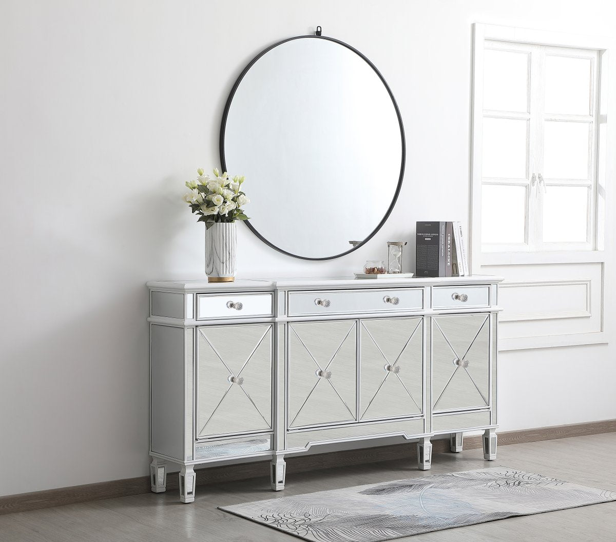 72 Inch Mirrored Credenza in Antique White