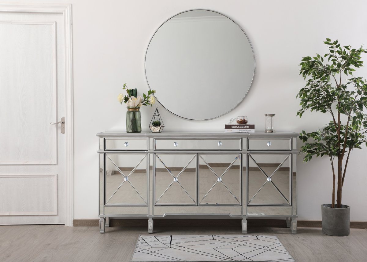 Elegant Furniture & Lighting Contempo Mirrored Credenza in Silver